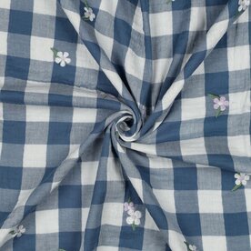 vichy geborduurd bloem blauw - double gauze