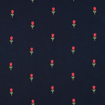 Double gauze navy met geborduurde tulpen- double gauze