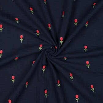 Double gauze navy met geborduurde tulpen- double gauze