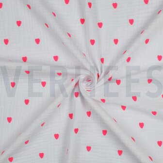 Double gauze wit met geborduurde hartjes- double gauze