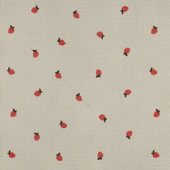 Double gauze ecru met geborduurde PERZIKKEN- double gauze