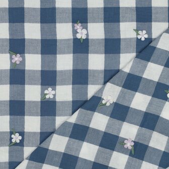 vichy geborduurd bloem blauw - double gauze