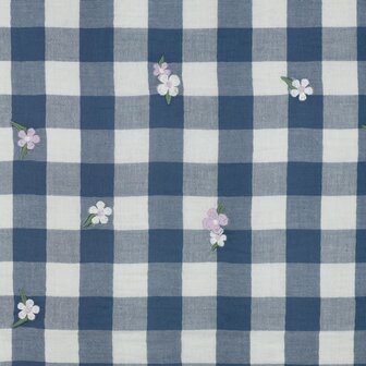 vichy geborduurd bloem blauw - double gauze