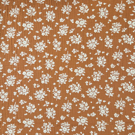 Witte bloemen op bruin  - double gauze