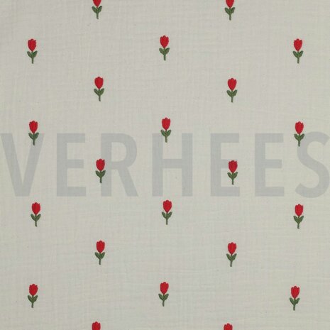 Double gauze ecru met geborduurde tulpen- double gauze