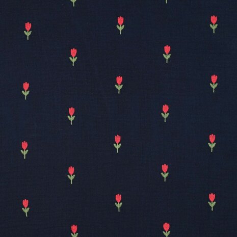 Double gauze navy met geborduurde tulpen- double gauze