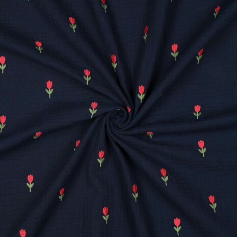 Double gauze navy met geborduurde tulpen- double gauze