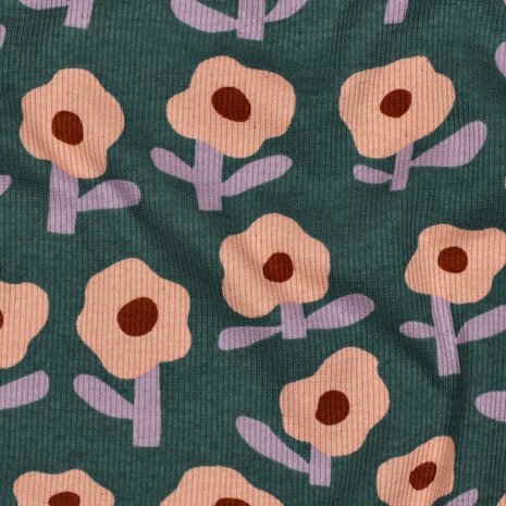RIB JERSEY GOTS bloemen groen - jersey