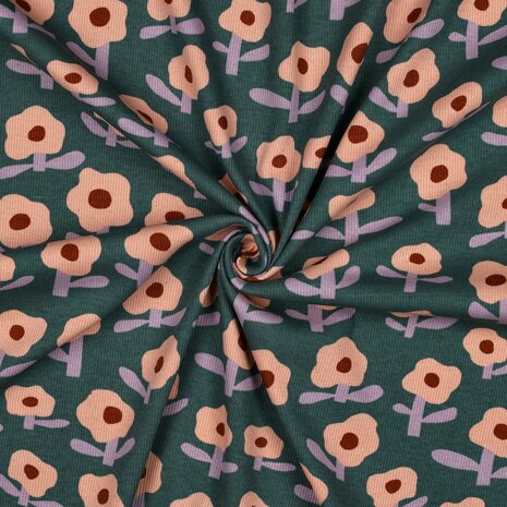 RIB JERSEY GOTS bloemen groen - jersey