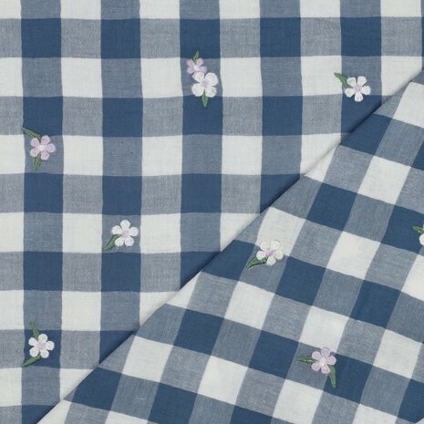 vichy geborduurd bloem blauw - double gauze