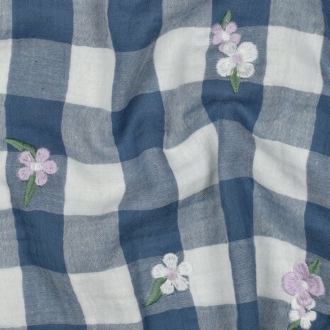vichy geborduurd bloem blauw - double gauze
