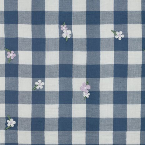 vichy geborduurd bloem blauw - double gauze