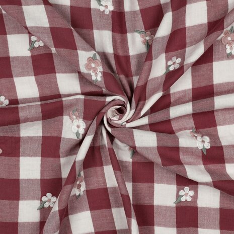 vichy geborduurd bloem roos - double gauze