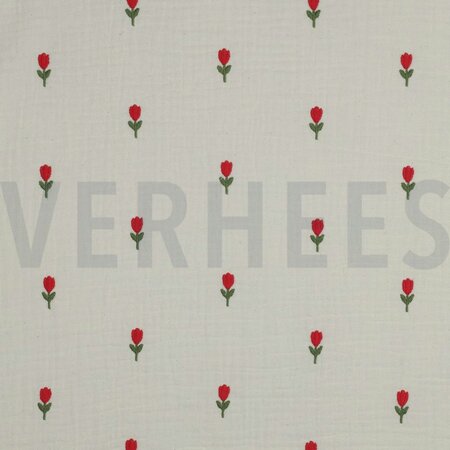 Double gauze ecru met geborduurde tulpen- double gauze