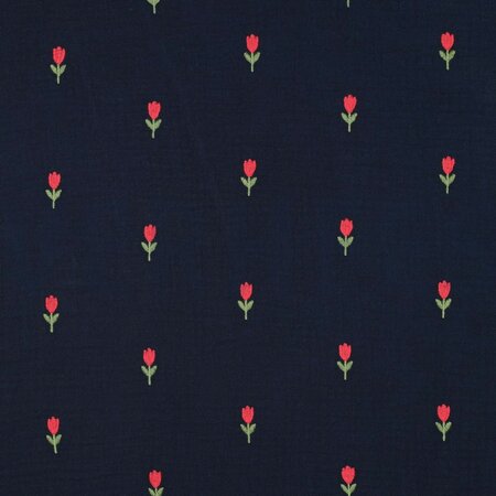 Double gauze navy met geborduurde tulpen- double gauze