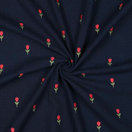 Double gauze navy met geborduurde tulpen- double gauze