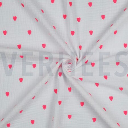 Double gauze wit met geborduurde hartjes- double gauze
